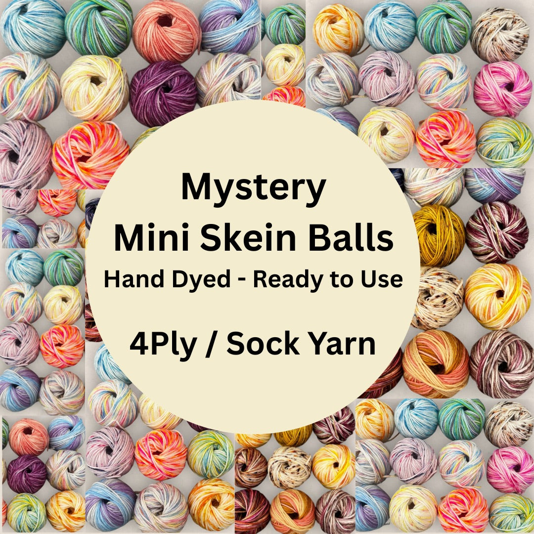 A collage of many colorful skein balls of yarn surrounding a large cream circle with the text 'Mystery Mini Skein Balls Hand Dyed - Ready to Use 4Ply / Sock Yarn'.